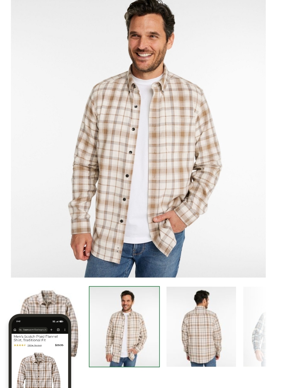 L.L. Bean Beige and White Plaid Casual Button-Down Shirt 100% Cotton